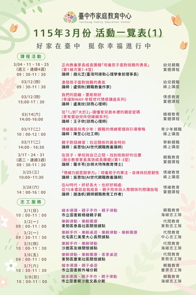 臺中市家庭教育中心115年3月份活動一覽表1