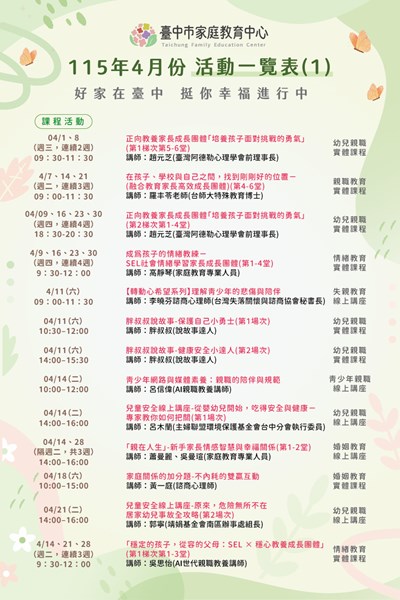 臺中市家庭教育中心【115年4月份活動一覽表1