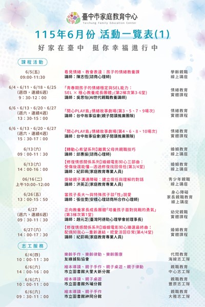 臺中市家庭教育中心【115年6月份活動一覽表】